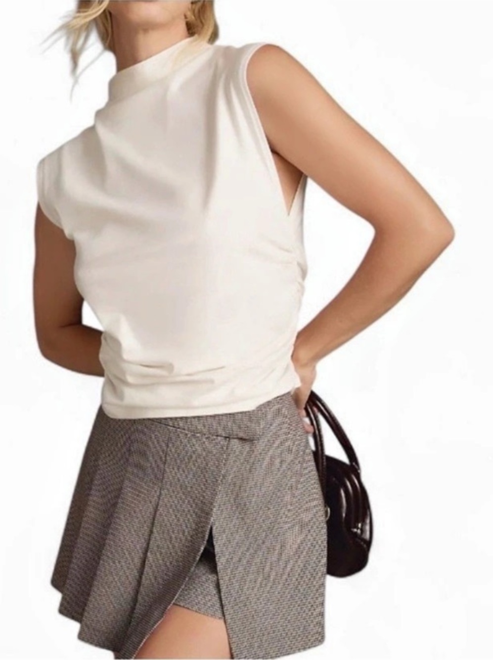 Maeve Mock Neck Sleeveless Top Ruched White Large
